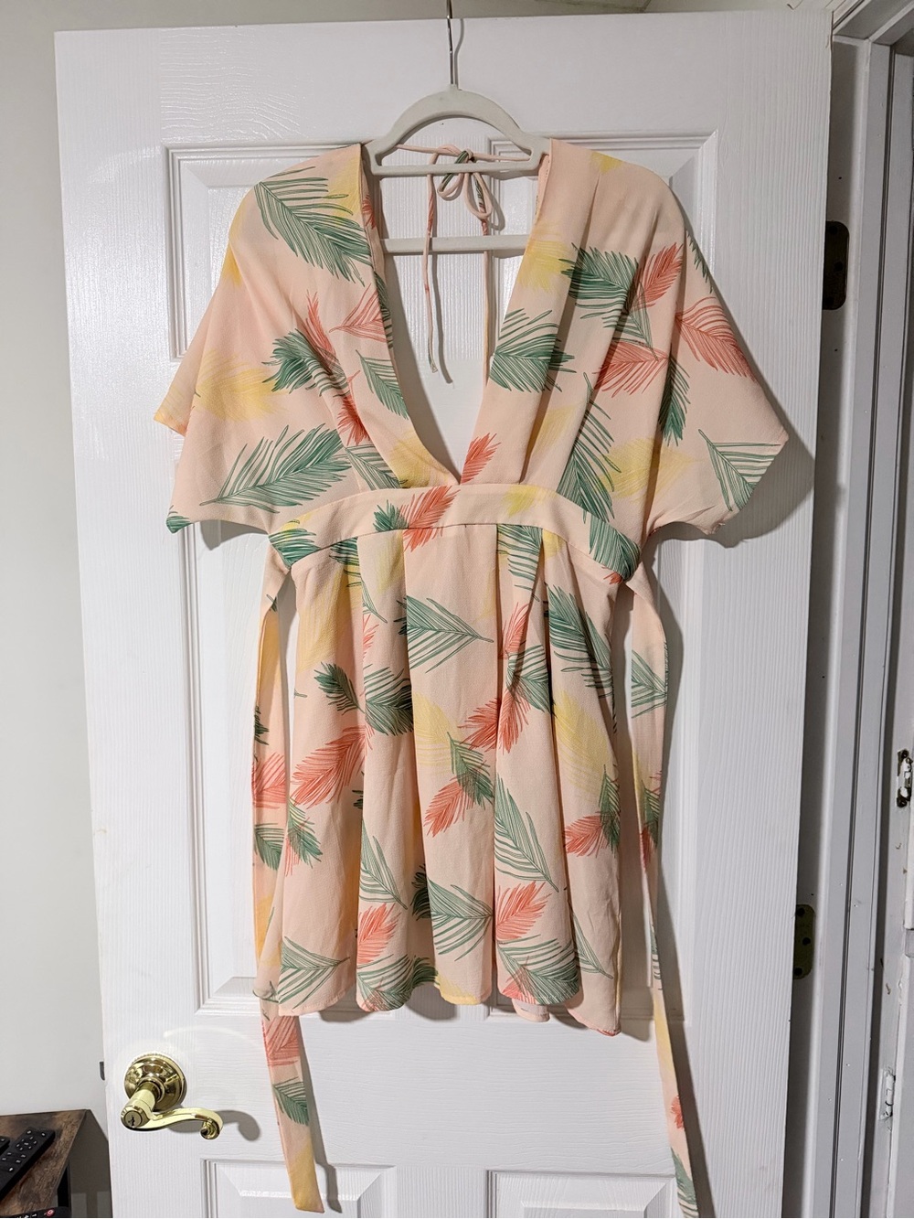 Peach Tropical-Leaf V-Neck Summer Dress